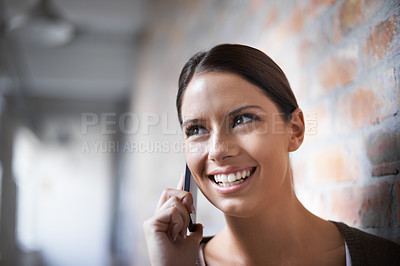 Buy stock photo Phone call, thinking or happy woman in hallway for communication, gossip or chat in office. Talking, smile or female person listening in conversation or speaking of good news, feedback or networking