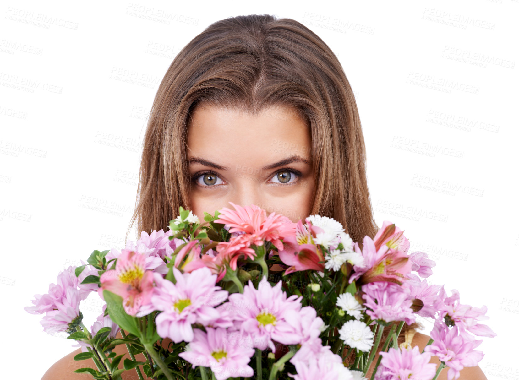 Buy stock photo Spring flowers, woman and portrait for bouquet in studio, romantic and floral gift of valentines day. Young model, face and smell of natural plants for fresh scent and present by white background