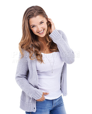 Buy stock photo Fashion, confident and portrait of happy woman on a white background with style, clothes and outfit. Attractive, smile and face of isolated person with positive attitude, pride and relax in studio
