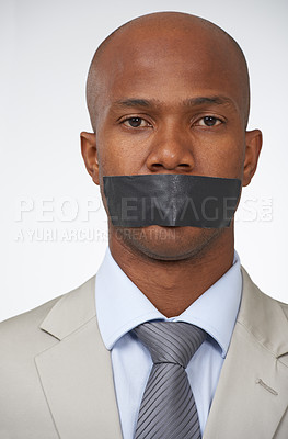 Buy stock photo Portrait, business and tape with black man, mouth covered and employee on white studio background. Face, African person or censored with secrets, silence or confidential with entrepreneur and worker