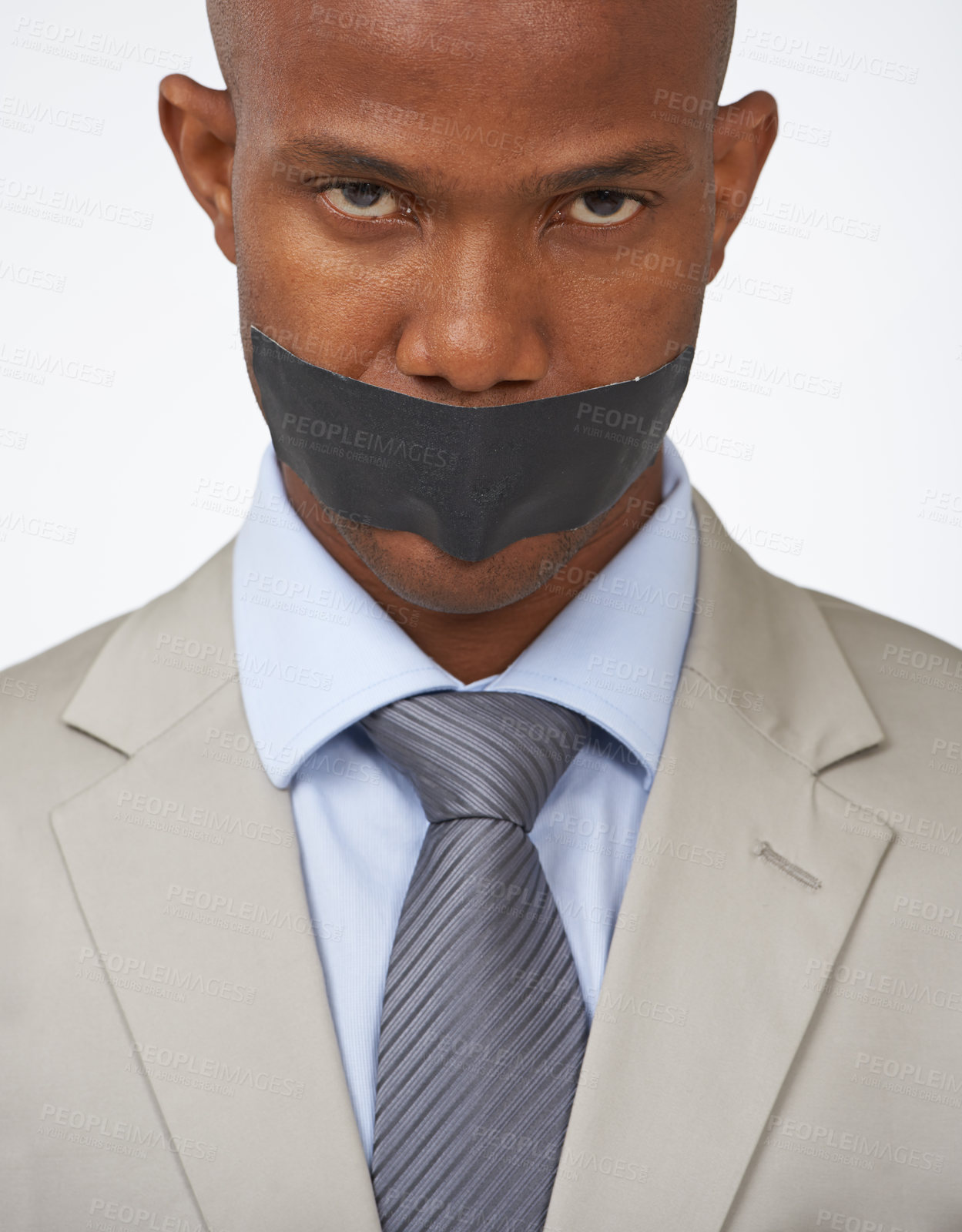 Buy stock photo Businessman, portrait and tape on mouth secret or corporate censored for silence, blackmail or quiet. Black person, face and journalist in company trouble or white background, studio or restriction