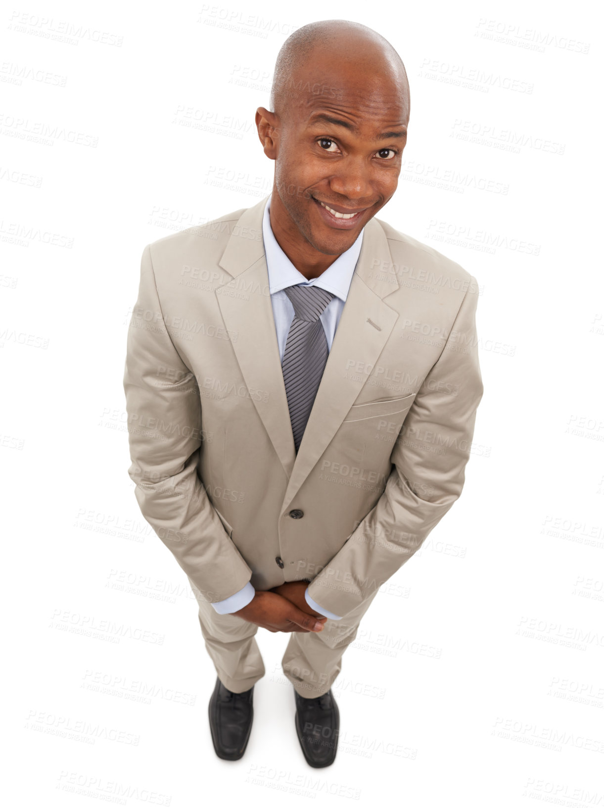 Buy stock photo Black businessman, portrait and suit in studio with happy in finance career with confidence. African man, smile and face for pride as accountant, above and positive professional by white background