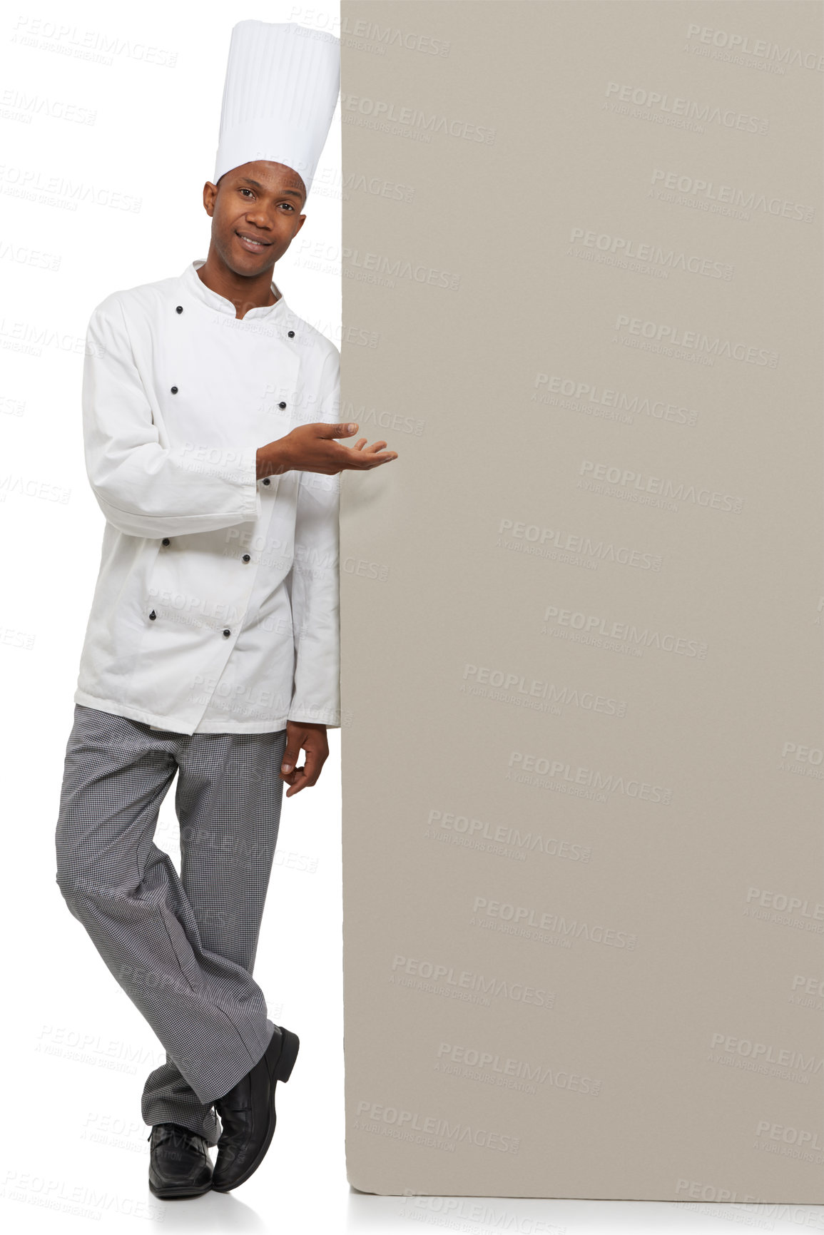 Buy stock photo Portrait, poster and black man chef with hand pointing in studio for checklist, menu or space on white background. Bakery, presentation or baker face with food tips billboard, guide or steps mock up