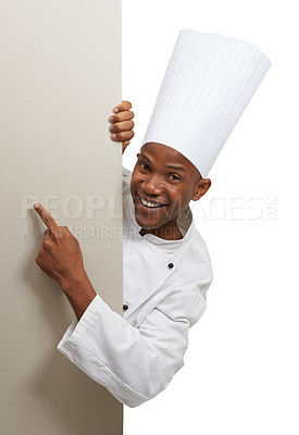 Buy stock photo Portrait, poster and hand pointing by black man chef in studio for checklist, menu or space on white background. Bakery, presentation or baker face with cooking tips billboard, guide or steps mock up