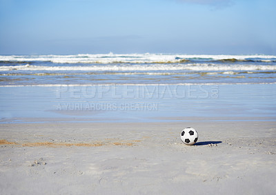 Buy stock photo Soccer ball, sport and games for holiday at beach, outdoor fun and recreation in summer on vacation. Celebrate, playing or leisure on travel by sea, freedom or football competition in brazil by ocean