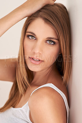 Buy stock photo Woman, portrait and beauty confidence on wall or cosmetic makeup or glamour, wellness or self care. Female person, face and model in studio as cool for healthy fresh in skincare, routine or style