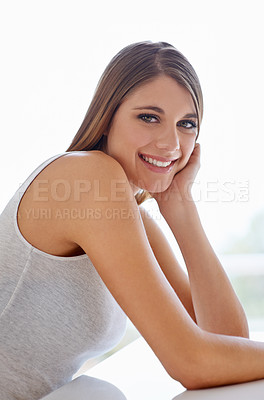 Buy stock photo Cosmetic, smile and portrait of young woman with natural, glow and glamour facial routine. Confidence, makeup and happy attractive female person with self care, dermatology and face treatment.