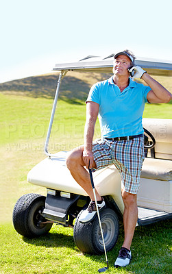 Buy stock photo Man, phone call and golf cart on grass for communication at sports training for professional player, talent or skill. Mature person, digital device and club on course for weekend chat, hobby or pro