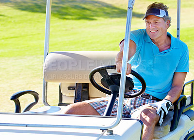 Buy stock photo Man, golf cart and grass as happy athlete for sports exercise or competition, challenge or hobby. Mature person, smile and driving transport on course for professional training, game or tournament