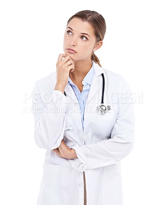 Buy stock photo Thoughtful young female doctor isolated on white