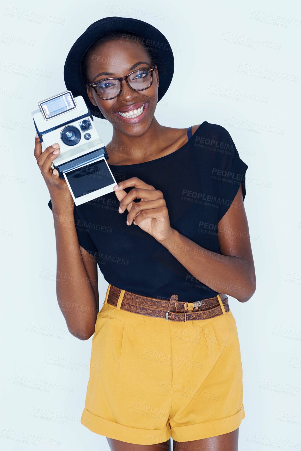 Buy stock photo Woman, photographer and portrait in studio with retro camera, creativity and happy artist with creative talent. African person, positive face or vintage film in photoshoot or lens by white background
