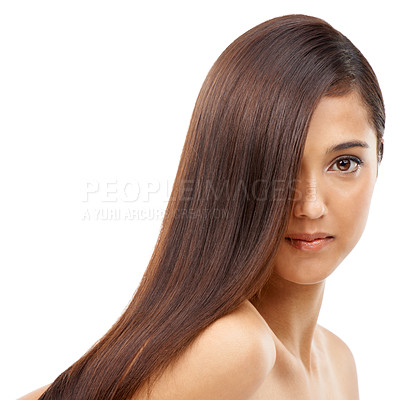 Buy stock photo Hair care, cosmetic and young woman in studio for wellness, salon and beauty treatment. Health, confident and portrait of female person with shiny and beautiful hairstyle routine by white background.
