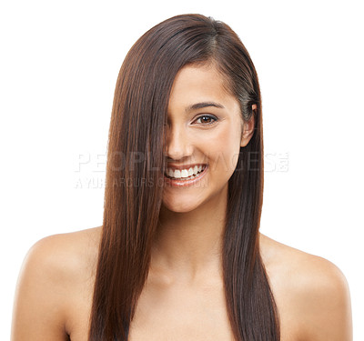 Buy stock photo Hair care, smile and portrait of woman in studio for cosmetic, salon and beauty treatment. Happy, confident and young female person with healthy and shiny hairstyle routine by white background.