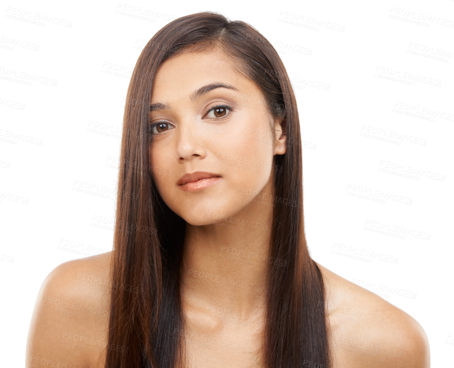 Buy stock photo Portrait, hair care and woman with volume, wellness and treatment isolated on a white studio background. Face, Indian person and model grooming for scalp, beauty or growth with shine and aesthetic