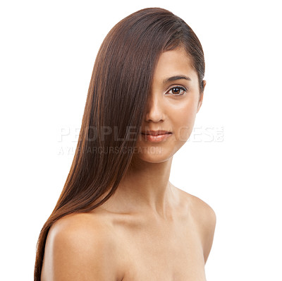 Buy stock photo Hair care, health and portrait of young woman in studio for cosmetic, salon and beauty treatment. Wellness, confident and female person with shiny conditioner hairstyle routine by white background.