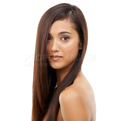 Buy stock photo Portrait, hair care and woman with beauty, glow and treatment isolated on a white studio background. Face, Indian person and model grooming for scalp, luxury or growth with shine, volume and wellness
