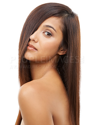 Buy stock photo Hair care, salon and portrait of woman in studio for cosmetic, wellness and beauty treatment. Health, confident and young female model with shiny conditioner hairstyle routine by white background.