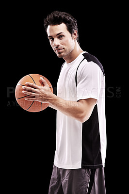 Buy stock photo Sports, basketball and portrait of fitness man with ball in studio for training, wellness or fun hobby on black background. Workout, face and male athlete with handball match, workout or performance