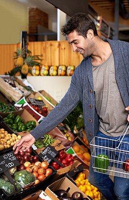 Buy stock photo Vegetables, food or happy man shopping at a supermarket for grocery promotions, sale or discounts deal. Check, choice or customer buying groceries for healthy nutrition, fresh organic produce or diet