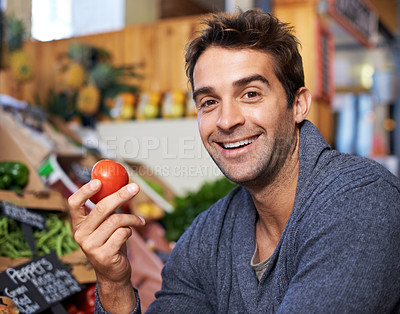 Buy stock photo Tomato, portrait or happy man shopping at a supermarket for grocery promotions, sale or discounts deal. Smile, retail or customer buying groceries for healthy nutrition, organic vegetables or food