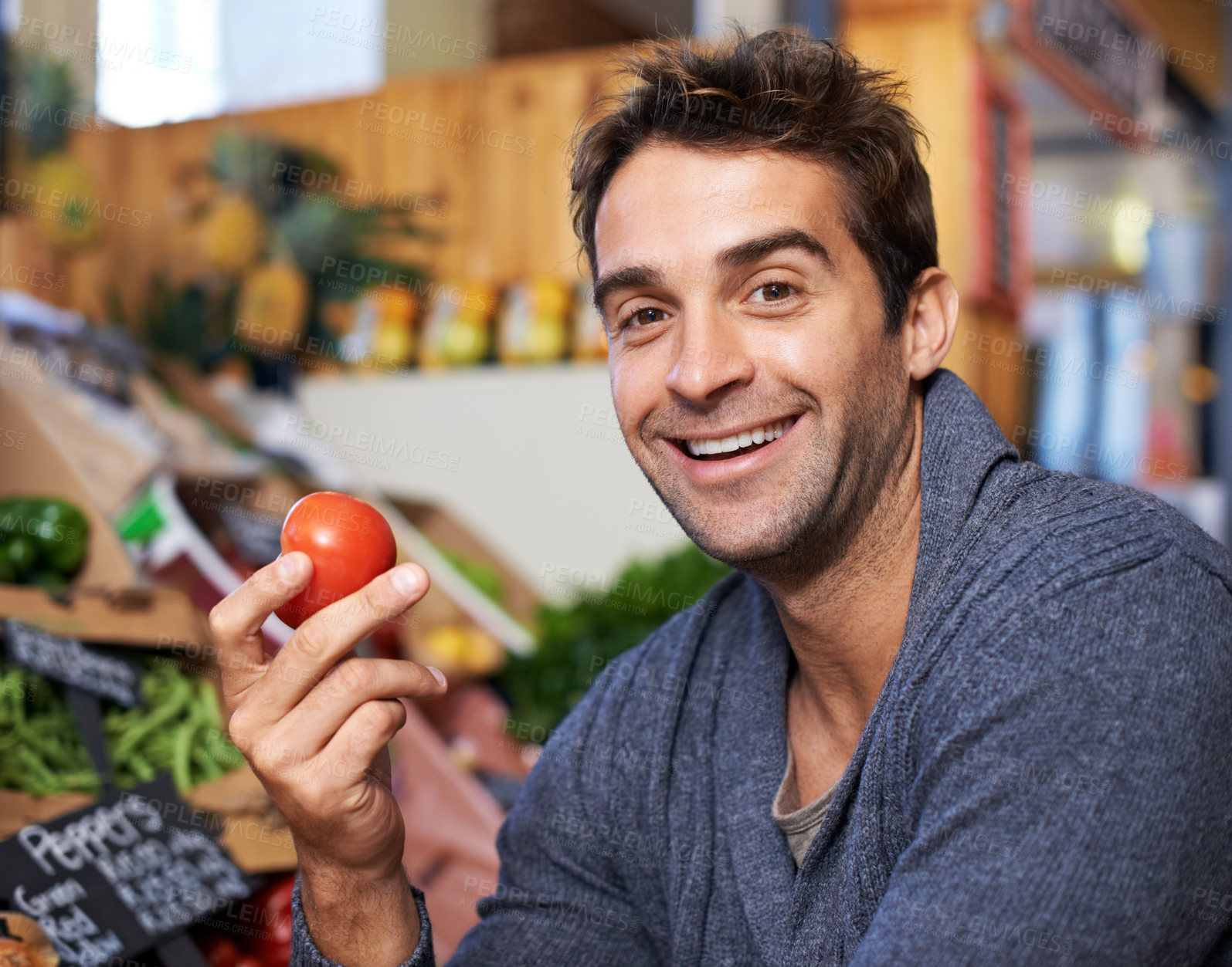 Buy stock photo Tomato, portrait or happy man shopping at a supermarket for grocery promotions, sale or discounts deal. Smile, retail or customer buying groceries for healthy nutrition, organic vegetables or food