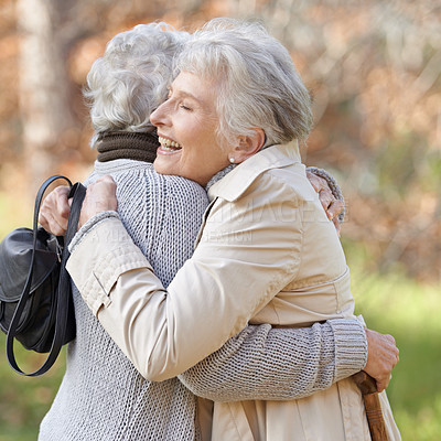 Buy stock photo Nature, happy and elderly friends hugging for support, bonding or care in outdoor park or garden. Love, smile and senior women in retirement embracing for greeting, connection or trust in field.