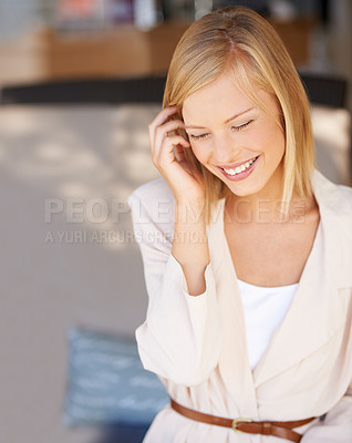 Buy stock photo Smile, business woman and beauty of professional entrepreneur with confidence at company workplace for job. Happy person, employee and young worker, blonde consultant or agent in office for career