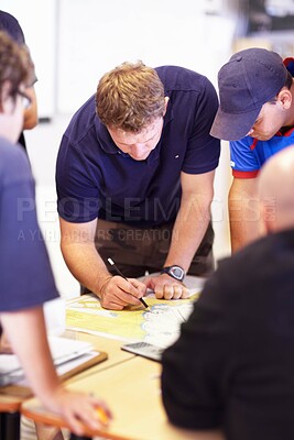 Buy stock photo Map, lifeguard working and sea marine with investigation with drawing on a table. Sailing strategy, captain and boat worker with navigation paperwork with course planning and distance calculation