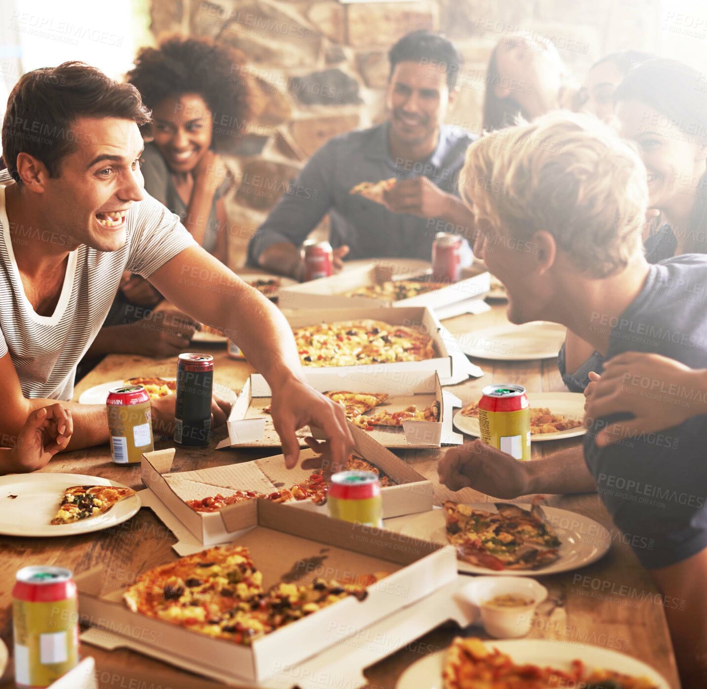 Buy stock photo Lunch, friends and pizza party, happy smile and drinks with conversation, social and fun together at a home table. Young people, happiness and fast food, dinner or hungry with diversity and talking 