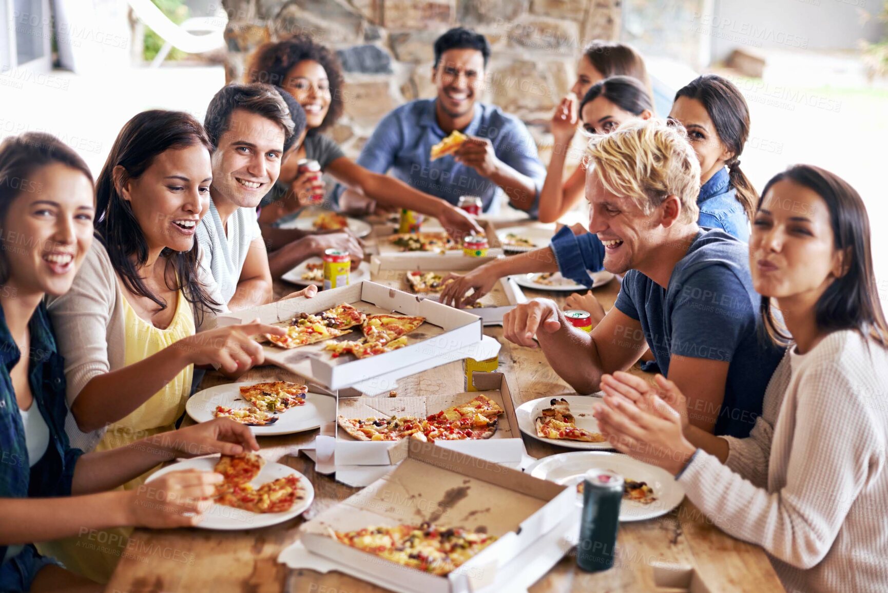 Buy stock photo Cropped shot of a group of friends enjoying pizza together