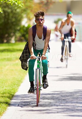Buy stock photo Bicycle, portrait and man or friends in city streetwear for college, university or outdoor travel in carbon footprint. Youth cycling or people in gen z fashion, bike for transport and park or campus
