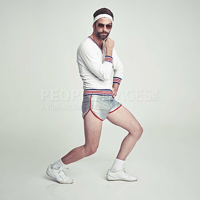 Buy stock photo Man, vintage and tennis fashion in studio with old school sportswear for retro 80s look, workout and sports. Sunglasses, training and exercise for fitness style, unique and sporty with background