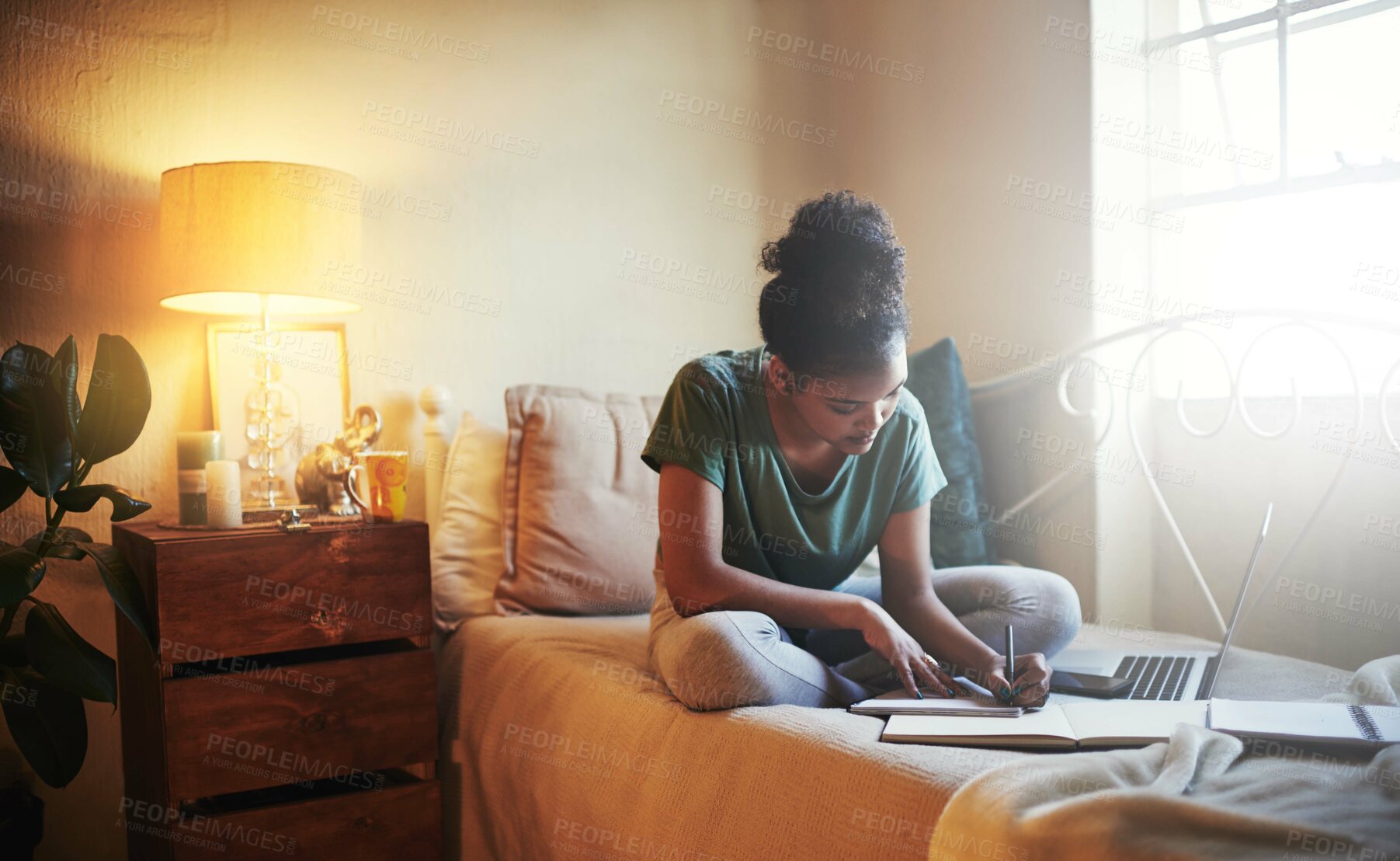Buy stock photo Full length shot of a young female student studying at home
