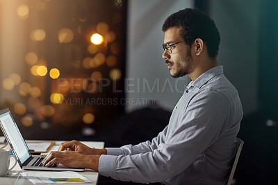 Buy stock photo Teamwork, review and night with business people at laptop for project management, planning or web design. Collaboration, goal and documents with employee in digital agency for marketing strategy