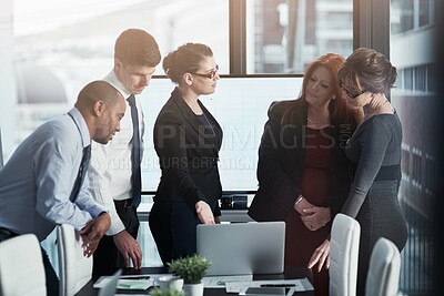 Buy stock photo Laptop, presentation and business people in meeting for planning project in office conference room. Teamwork, diversity and employees brainstorming working in collaboration on research in workplace.