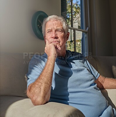 Buy stock photo Lonely senior man thinking in home, couch and lounge about future anxiety, remember memory and alzheimer. Retirement, elderly male and nostalgia memories on sofa, depression and dementia in isolation