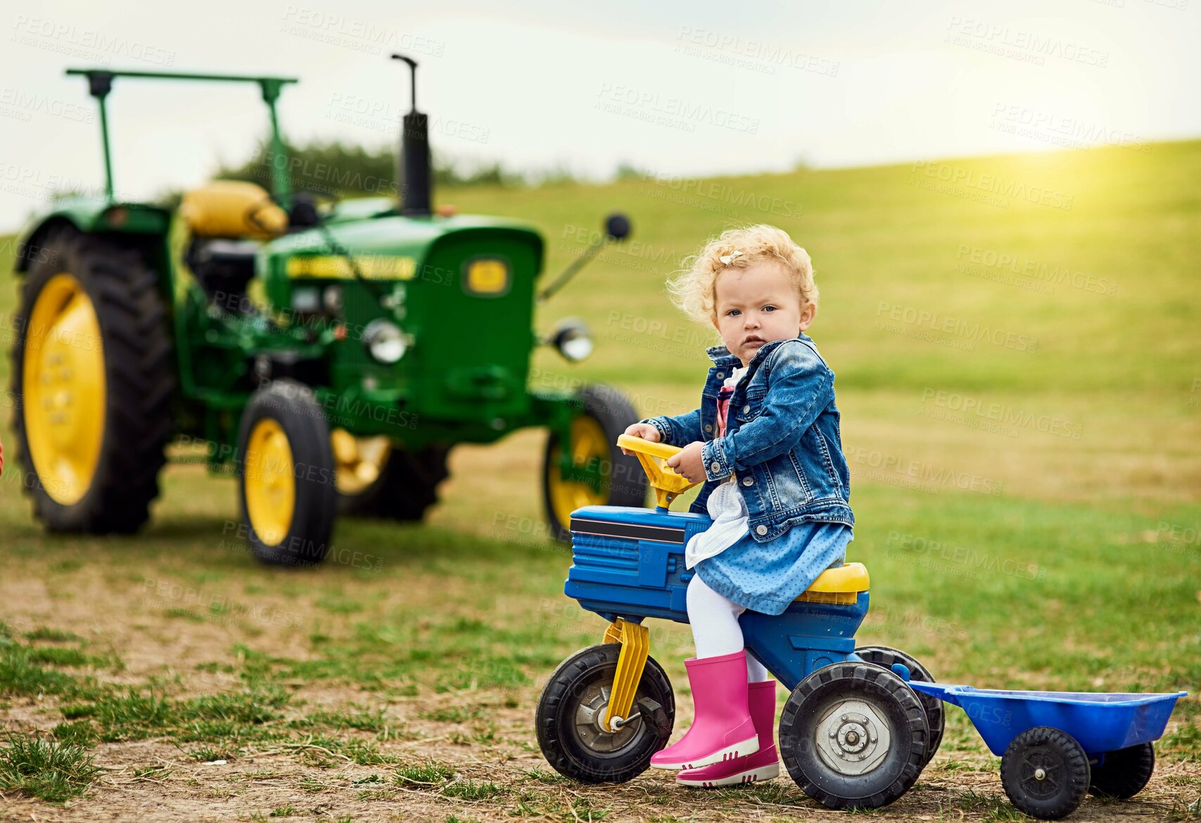 Buy stock photo Portrait of an adorable little girl carting stuffed animals in a toy truck around a farm