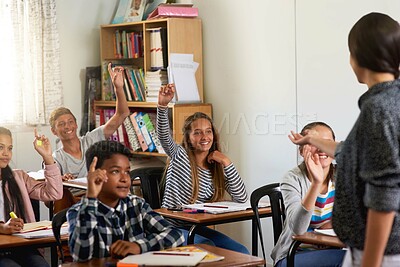 Buy stock photo Question, teacher and hands of children in classroom for answer in lesson, learning and education. Child development, school kids and young students with hand up for asking, feedback and knowledge