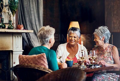 Buy stock photo Lunch, wine and smile with elderly friends in restaurant for bonding, laugh and relax. Retirement, hospitality and happiness with group of senior people with drink for social, memory and support