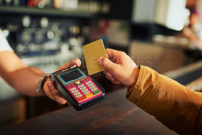 Buy stock photo Debit card, point of sale and hands of restaurant people, cashier clerk or barista with credit payment of hospitality service. Cafe customer, commerce or store person, server or waiter with POS trade