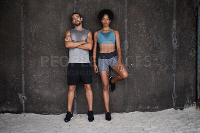Buy stock photo Exercise, serious and portrait of couple on wall background for workout, body builder training and fitness. Sports, space and man and woman sweat after running for endurance, wellness and health