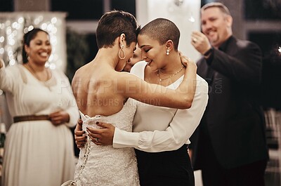 Buy stock photo Wedding, love and dance with a lesbian couple in celebration of their union together at a ceremony of tradition. LGBT, woman or diversity with a female and partner dancing after being married