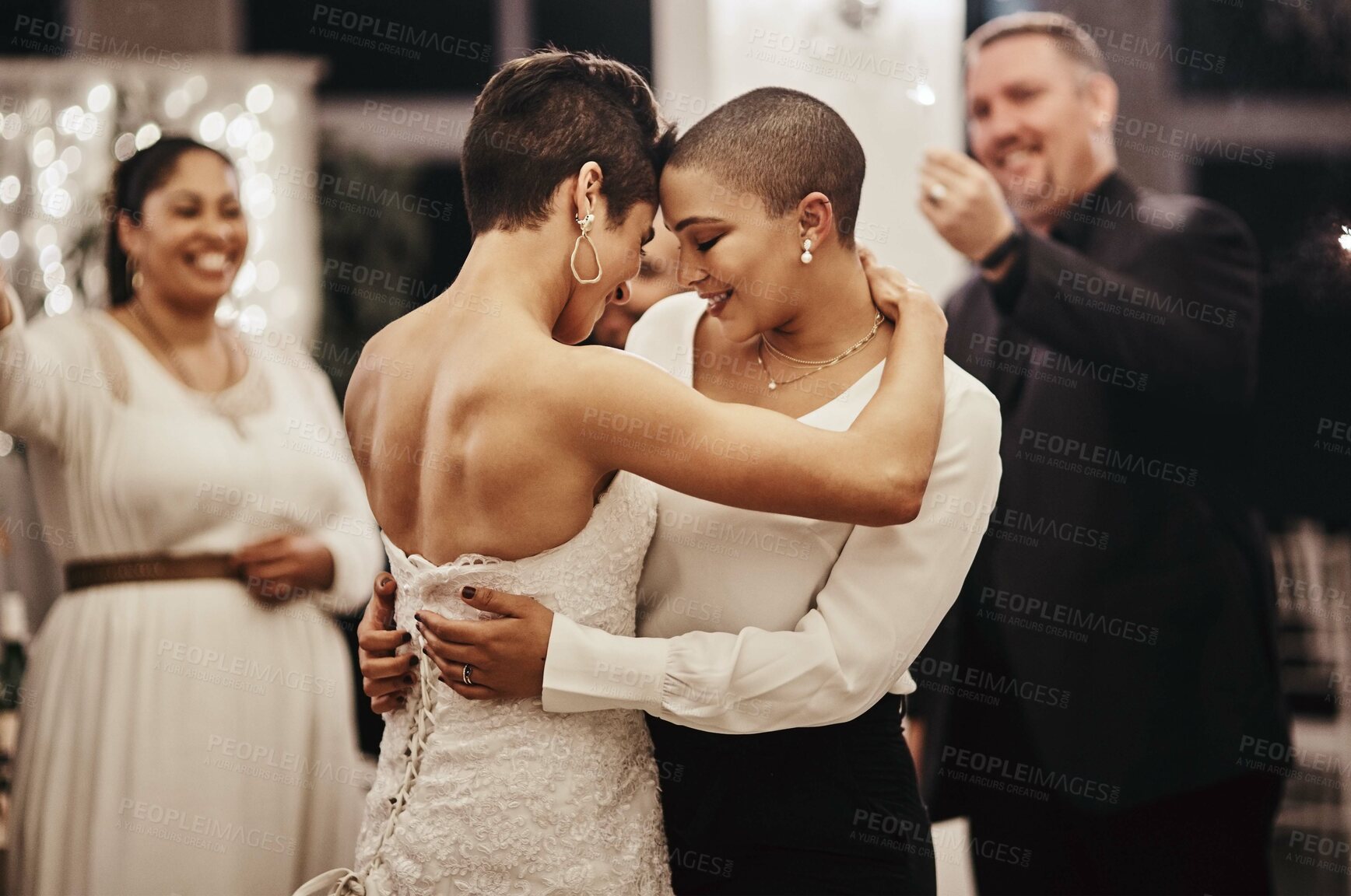 Buy stock photo Wedding, love and dance with a lesbian couple in celebration of their union together at a ceremony of tradition. LGBT, woman or diversity with a female and partner dancing after being married