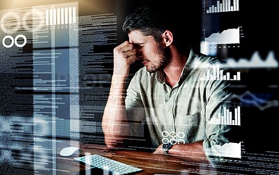 Buy stock photo Shot of a programmer looking stressed out while working on a computer code at night