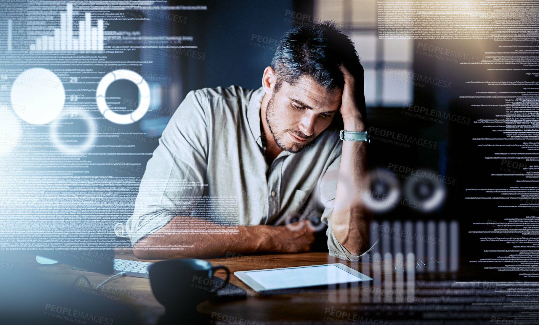 Buy stock photo Shot of a programmer looking stressed out while working on a computer code at night