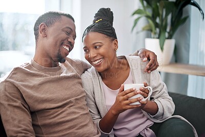 Buy stock photo Coffee, relax and black couple on sofa in home living room, bonding and talking. Love, tea and romantic man and woman speaking, discussion or conversation on couch in lounge or enjoying time together