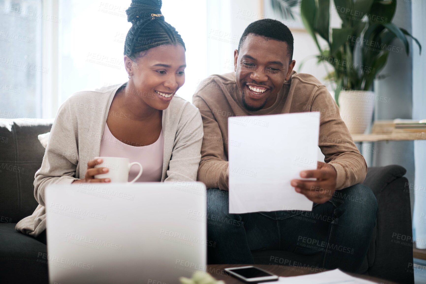 Buy stock photo Couple, budget paper and laptop for bills payment, online banking and planning tax, financial and investment. Black man, woman and happy with savings, document and finance debt, profit and happy