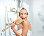 Woman, singing and happy in bathroom with towel for shower, cleaning and wellness with karaoke in home. Person, face and smile for skincare, body care and hygiene with cosmetics and healthy glow