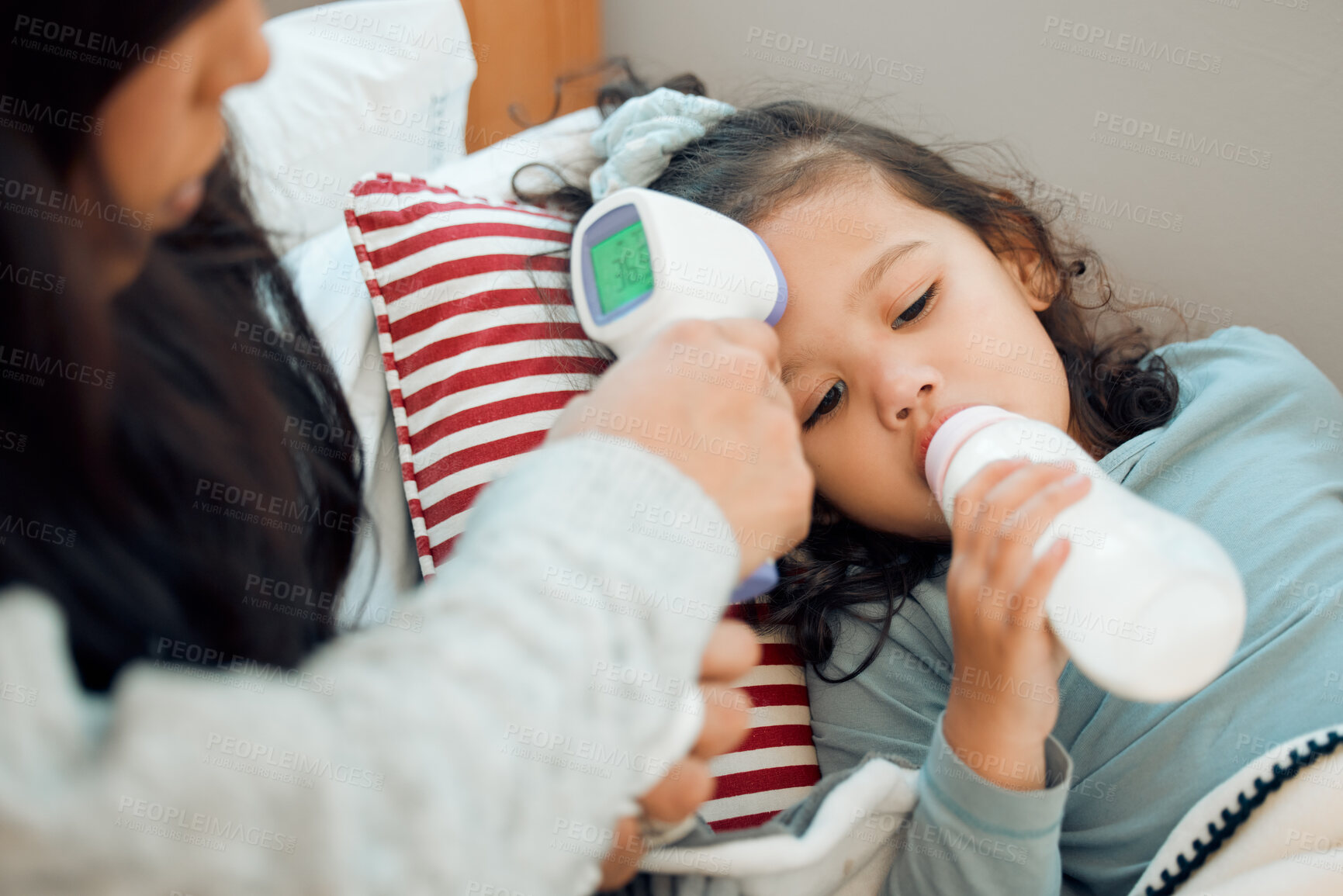 Buy stock photo Thermometer, health and mother by sick girl laying in bed at home for influenza, fever or common cold. Disease, baby bottle and parent taking care of child with virus, illness and support in bedroom.