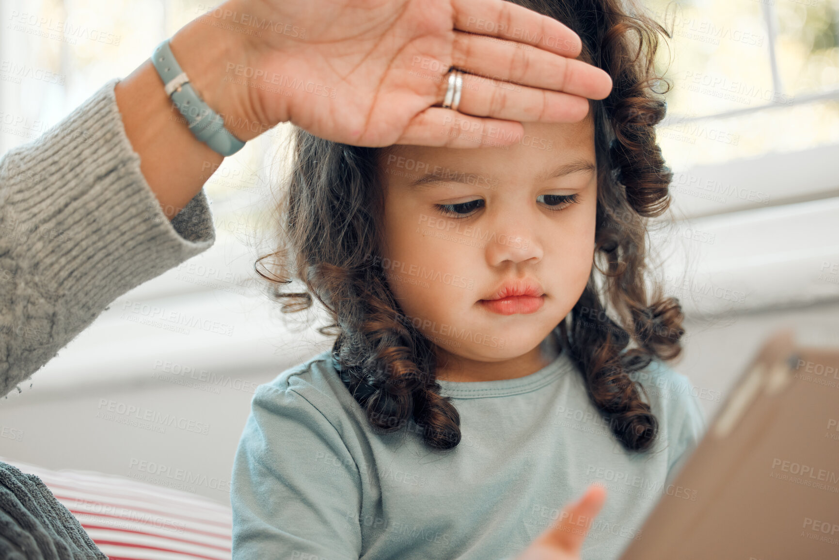 Buy stock photo Child, fever and hand from mother in home, parent and sickness of cute toddler. Mama, check and touch head of little girl to monitor kid for cold, illness and daughter with mom as family in house